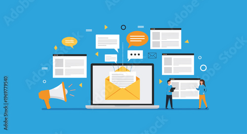 Email marketing and communication on a laptop screen with envelopes chat bubbles and megaphone for business promotion and customer outreach.