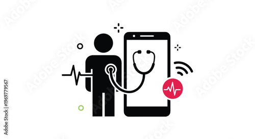 Remote healthcare monitoring with a person icon stethoscope and heart rate signal connected to a smartphone for digital medical services.