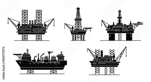 Black silhouettes of offshore oil rigs and support vessels at sea