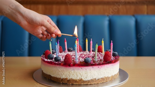 A hand lighting birthday candles on a delicious cheesecake topped with fresh berries and sweet frosting for a celebration