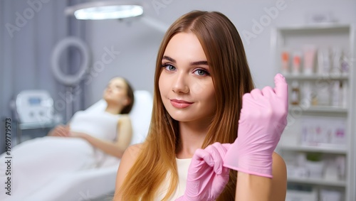 A young, professional beautician putting on pink gloves, preparing for a cosmetic procedure in a modern salon
