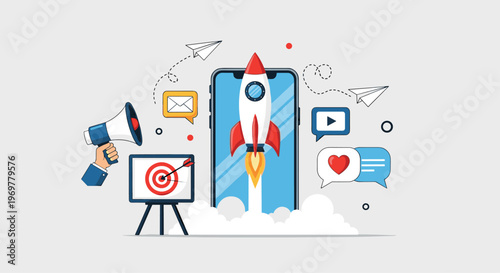 Business startup launch concept with a space rocket emerging from a smartphone screen surrounded by marketing and promotion icons.