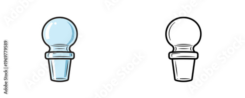 Laboratory glass ground stoppers in flat colored and black line art cartoon styles representing sealing equipment for chemical flasks and bottles on a plain white background