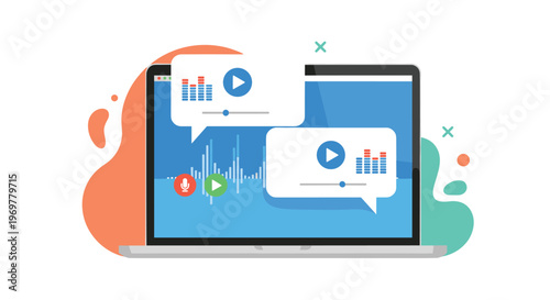 Digital multimedia concept featuring a laptop displaying audio wave visualizations and video player icons inside speech bubble elements.