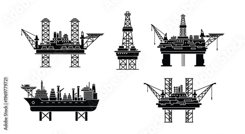 Black silhouettes of offshore oil rigs and support vessels at sea