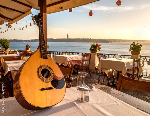 A picturesque scene of a waterfront restaurant with tables set. An instrument hangs gracefully. The sunset casts a warm glow over the water