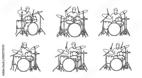 Six depictions of drummers playing their drum sets in a minimalist style