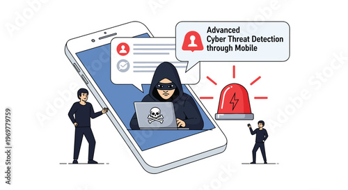Advanced mobile cyber threat detection illustration showing security alerts triggered by a hacker attempt on a smartphone interface.