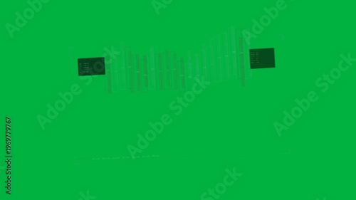 On play, teal-magenta bars growing, shifting, tilting rail, showing data density on transparent bg