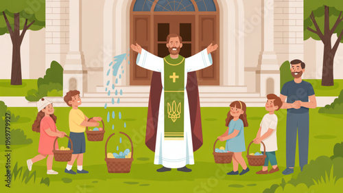 Priest blessing easter eggs and baskets with children outside church on sunny day with green grass and trees
