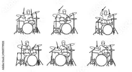 Six depictions of drummers playing their drum sets in a minimalist style