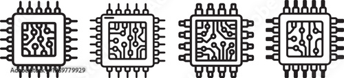 Detailed computer processor chip icons showing internal circuitry and pins for technology.