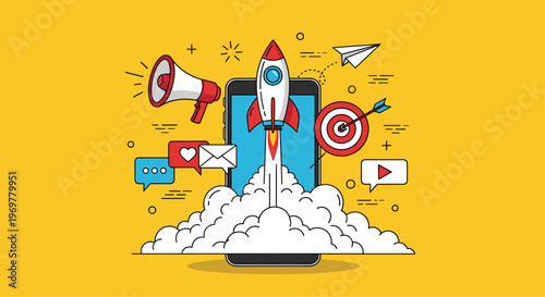 Integrated marketing and startup growth concept showing a rocket launching from a smartphone with various digital communication icons.