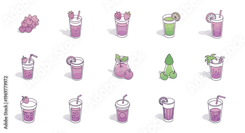 Illustrated drinks and smoothies in a cartoon style with fruit accents on a white background