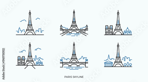 Minimalist line art Paris skyline vector set featuring eiffel tower, bridges and famous architectural landmarks in simple blue and black stroke design