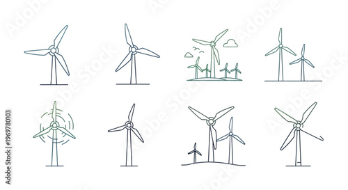 Illustrated Line Art Depicting Wind Turbines and Renewable Energy Concepts