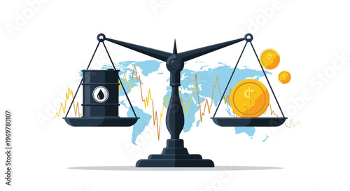 Global economy and energy market concept featuring a balance scale weighing oil against money over a world map and price graph.