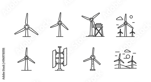 Illustrated Line Art Depicting Wind Turbines as a Symbol of Clean Energy Production