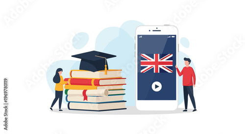 Online English language learning and education concept with a smartphone showing a British flag next to a stack of books and graduation hat.