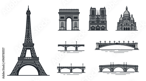 Detailed architecture vector set of famous French monuments including eiffel tower arc de triomphe notre dame sacre coeur and skyline bridges