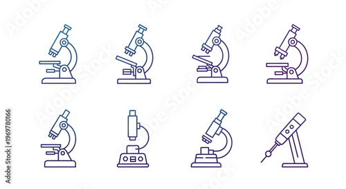Illustrated scientific equipment featuring variations of the microscope for research purposes