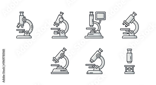 Illustrated scientific equipment featuring variations of the same laboratory microscope