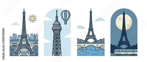 Colorful flat line eiffel tower vector illustration set featuring Paris skyline hot air balloon bridge river and night moon landscape views