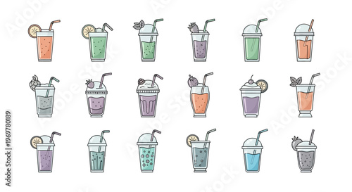 Illustrated selection of refreshing beverages and juices in various stylistic cups