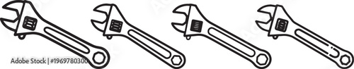 Adjustable wrench vector icon set featuring plumbing tools for mechanical repair and home maintenance equipment symbols.