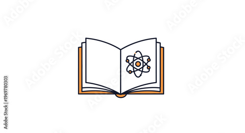 Illustration depicting an open book featuring a science diagram representing atomic structure