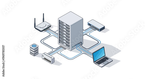 Illustration depicting data server and connected devices on an isolated background