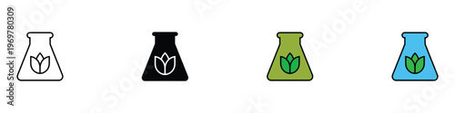 Eco-friendly laboratory flask with plant leaf icon set for green chemistry, biotechnology, and sustainable science research. Nature science experiment symbols. Vector Illustration.