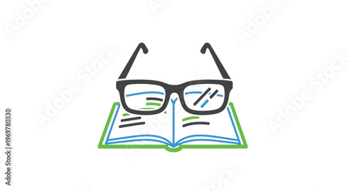 Illustration depicting glasses resting on an open book, symbolizing knowledge and learning