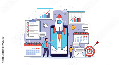 Business startup and project launch management concept with a rocket taking off from a smartphone screen surrounded by data tools.