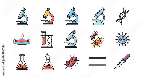 Illustration depicting scientific elements, microscopes, and molecular biology symbols in design
