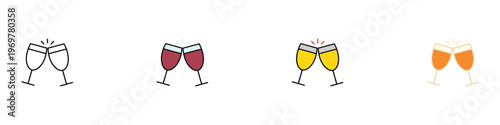 Wine glasses clinking for a toast icon set for celebration, party, and romantic dinner concepts. Sparkling drinks or champagne cheers symbols. Vector Illustration.