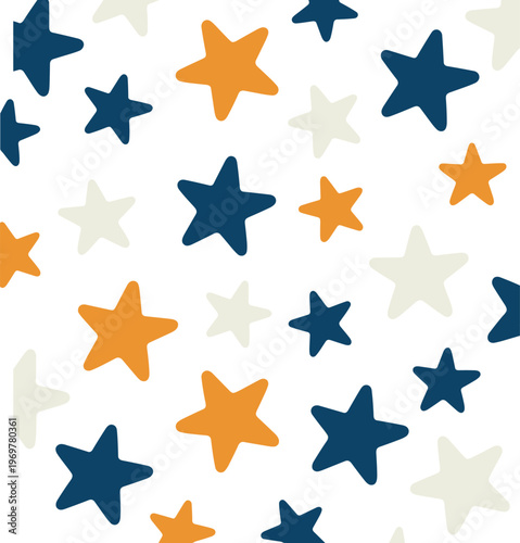 Colorful star pattern, scattered geometric motif, playful decorative design, modern vector illustration, abstract background, orange blue beige stars artwork