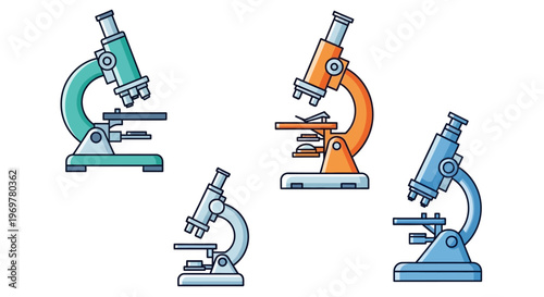 Illustration depicting several scientific microscopes in a flat, cartoon style for research