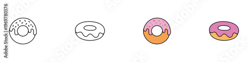 Sweet donut with pink frosting and sprinkles icon set for bakery shop, dessert menu, and sugary snack concepts. Delicious glazed doughnut symbols. Vector Illustration.