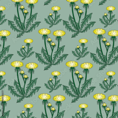 Seamless floral pattern with stylized yellow dandelions and green leaves on a sage background. Ideal for textile design, eco-friendly packaging, rustic wallpapers, and spring-themed web backdrops