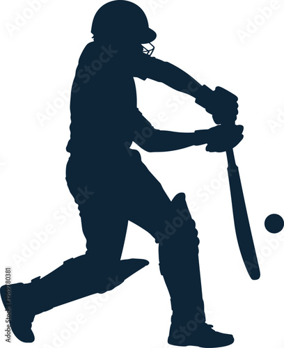 Cricket batsman silhouette, player hitting ball, sports vector artwork, dynamic athletic design, modern decorative motif, energetic background illustration