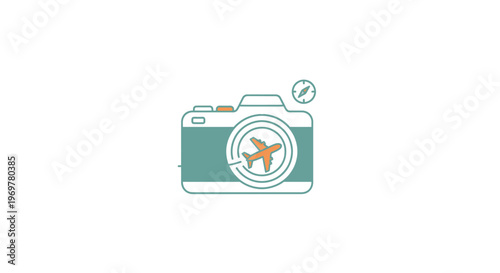 Illustration depicting travel photography concept using camera with airplane and compass