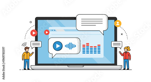 Online communication and multimedia content creation concept featuring two people standing by a laptop with audio and video speech bubbles.