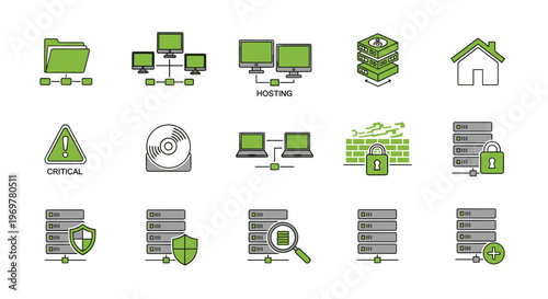 Collection of computer hosting and network server icons in flat line style representing data security, storage, and cloud computing.