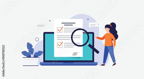 Professional woman using a magnifying glass to inspect a digital document on a laptop screen for compliance and quality assurance.