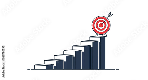 Business goal achievement concept with a red target and arrow placed at the top of a rising bar chart staircase.