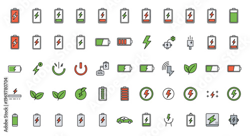 Comprehensive collection of battery status, charging energy, and eco-friendly power icons in different colors and states.