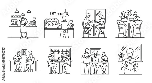 People enjoying coffee and working in a cozy cafe setting