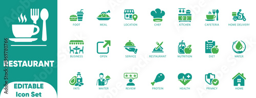 Restaurant Icon Set. review, serve, signs, order, open, service, waiter, illustration, fast, and solid icons.