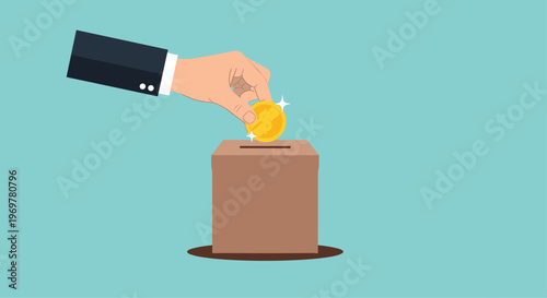 Charity and social contribution concept featuring a hand in a suit sleeve dropping a gold coin into a brown donation box slot.